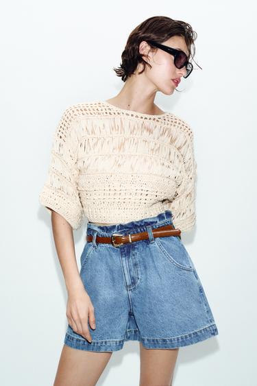 Zara VREĆASTE BERMUDE S KAIŠEM – mid-plava