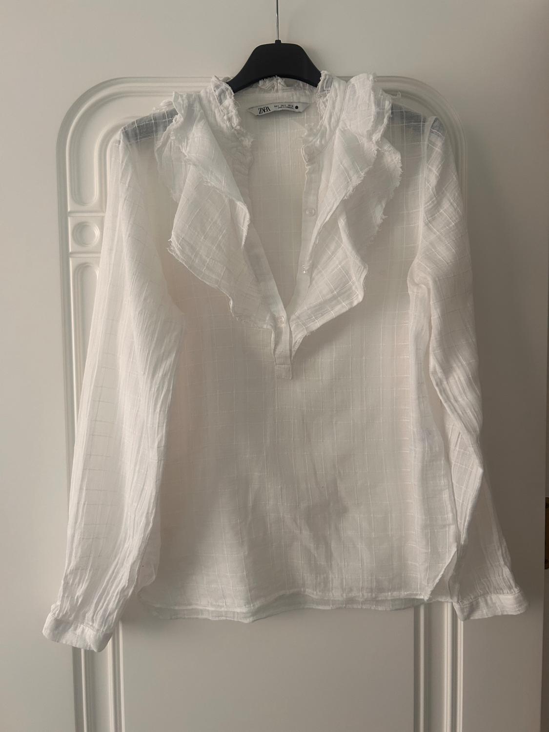Semi-sheer white long-sleeved blouse with ruffles, hanging on a hanger over a white door. The label reads ZARA.