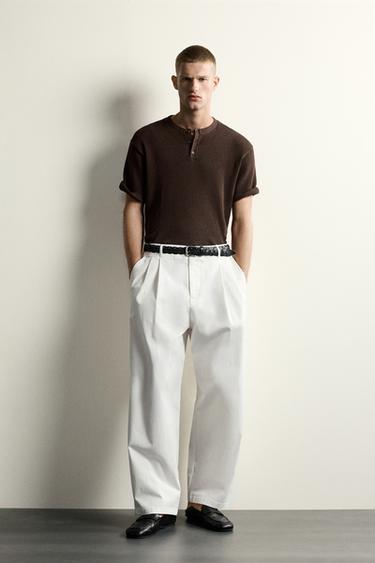 COTTON - LINEN HENLEY KNIT T-SHIRT - Brown by Zara - Image 0