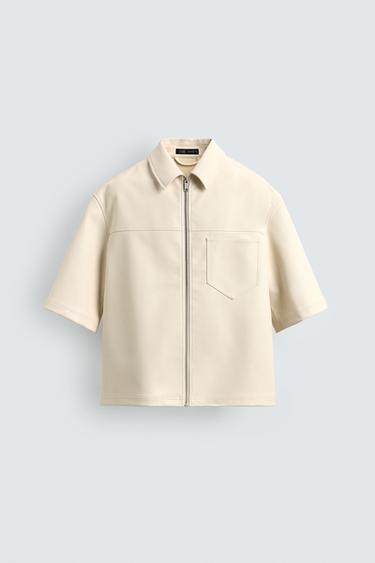 Zara FAUX LEATHER RELAXED FIT OVERSHIRT - Oyster-white