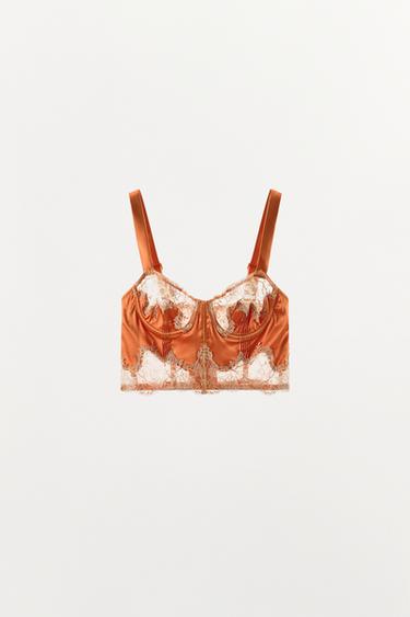 레이스 새틴 코르셋 와이어 브라 - Zara 화이트-오렌지