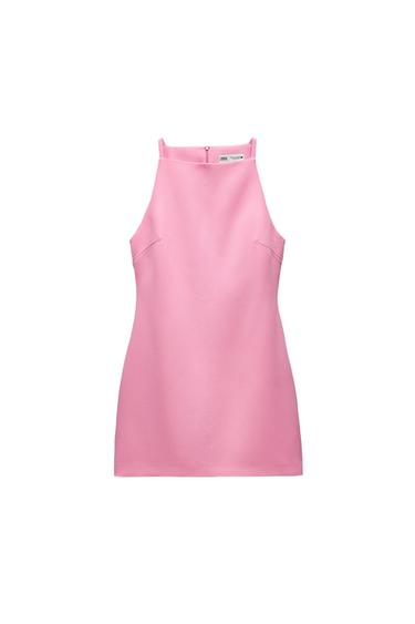 Short pink sleeveless dress with a straight neckline and a central vertical seam against a white background. ZARA text on the inner label.