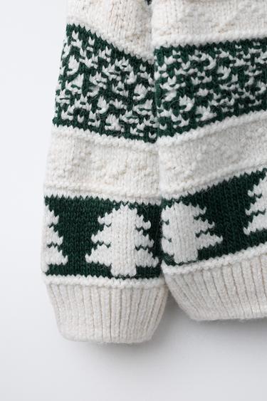 PULL EN MAILLE AVEC ARBRES - Écru / Vert de Zara - Image 3