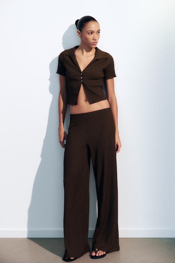 Zara TEXTURED STRAIGHT LEG PANTS - Dark brown - Image 0