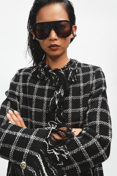Zara ZW COLLECTION FRINGED PLAID JACKET - Black / White