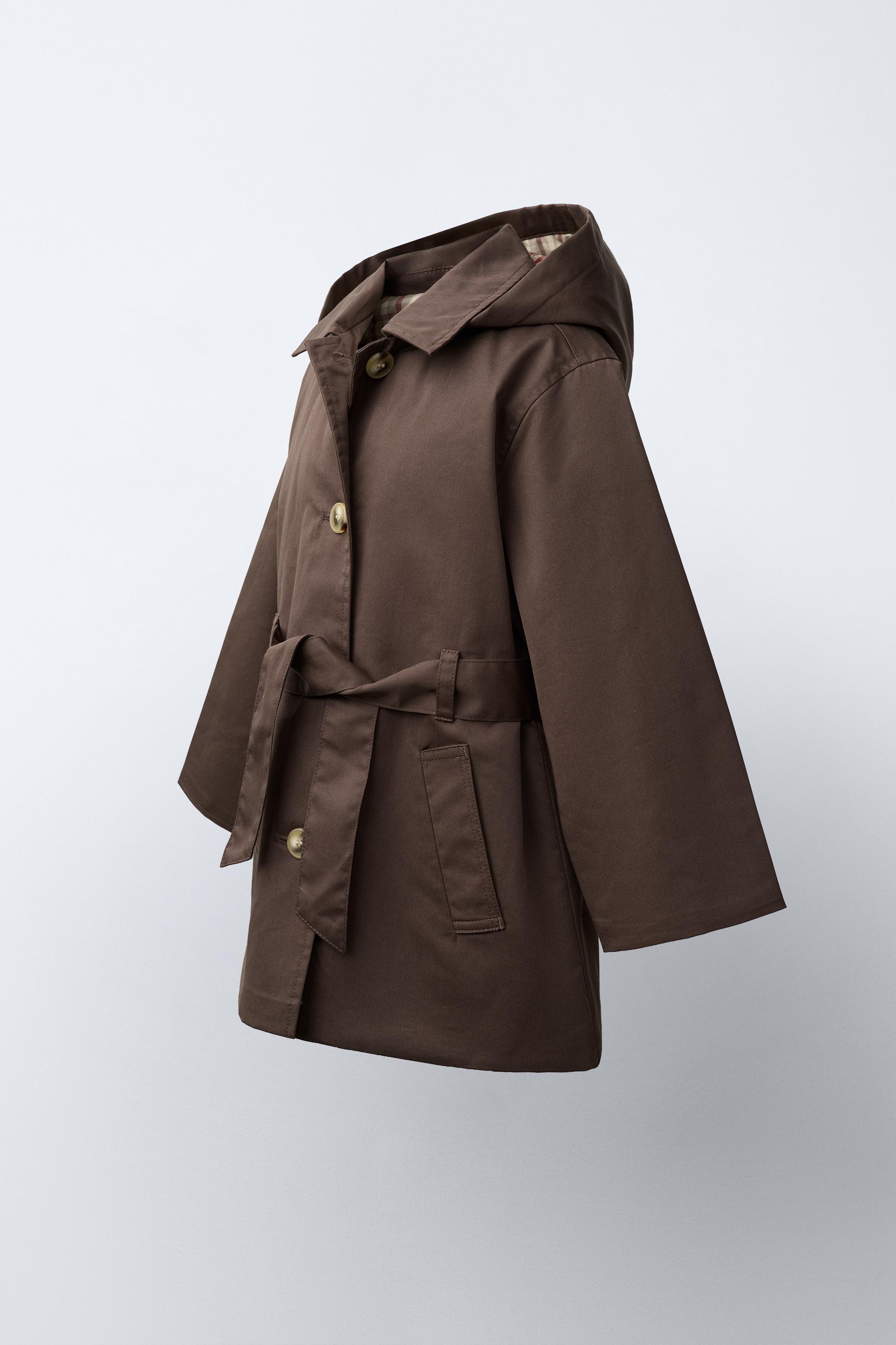 HOODED PLAID-LINED TRENCH COAT