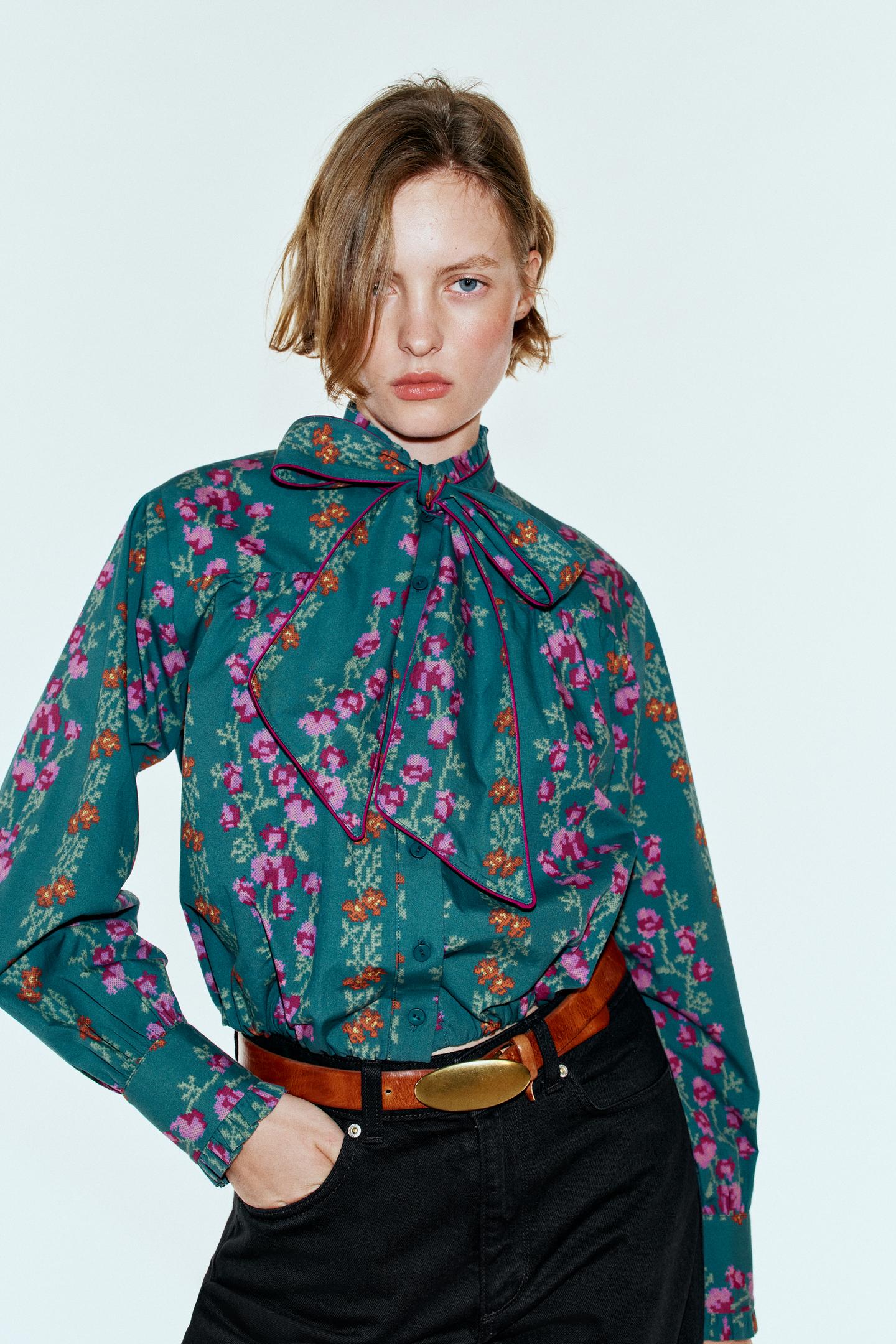 Женская рубашка Zara Floral Print Balloon, цвет: Разноцветный — фото 3