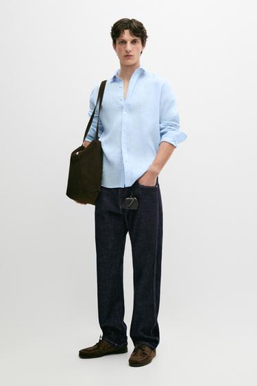 Zara Slim fit 100% linen shirt - Green stripe