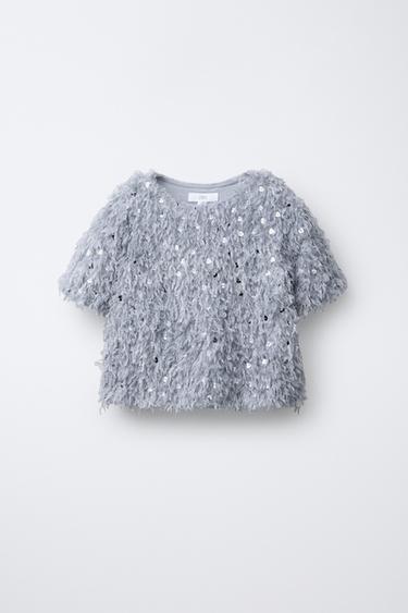 T-SHIRT MET VEERTJES EN LOVERTJES - Blauw / Grijs van Zara