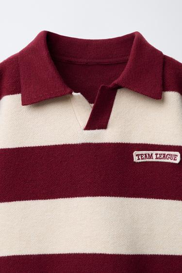 STRIPED KNITTED VARSITY POLO SHIRT - Ecru / Maroon by Zara - Image 2