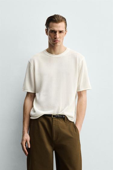 Zara VISCOSE BLEND KNIT T-SHIRT - Oyster-white