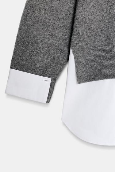 KNIT SWEATER WITH CONTRAST POPLIN - White / Grey by Zara