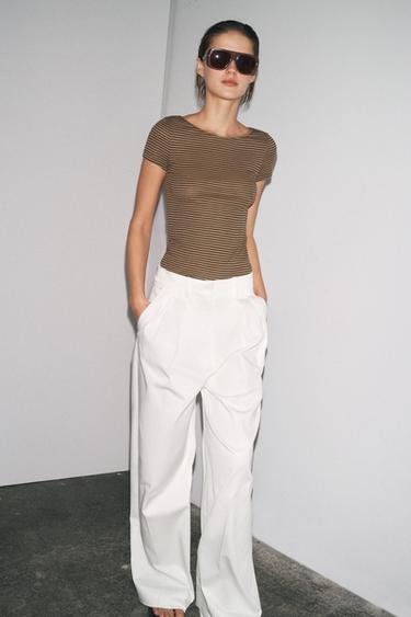 Zara STRIPED T-SHIRT - Beige