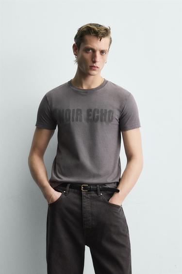 WASHED SLOGAN T-SHIRT - Grey / Tan by Zara