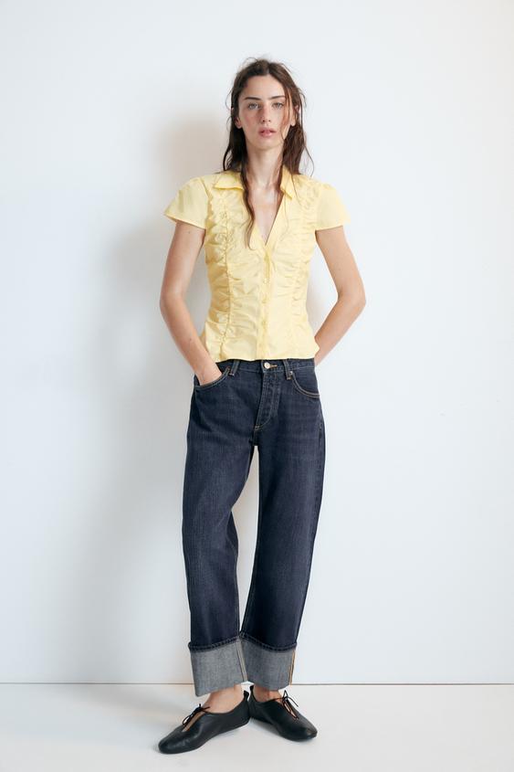 JEANS TRF RECTOS FOLD UP TIRO MEDIO - Índigo oscuro de Zara - Imagen 0
