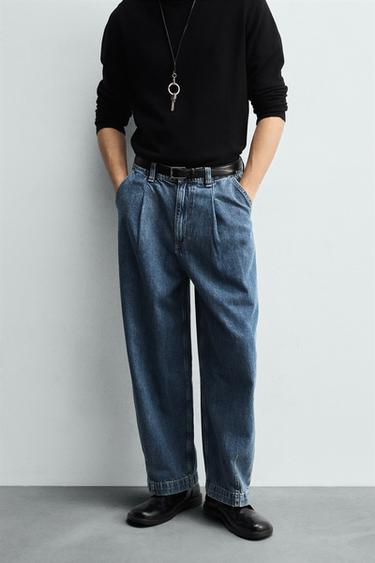 PANTALON DENIM CHINO COUPE AMPLE À PLIS - Bleu moyen de Zara