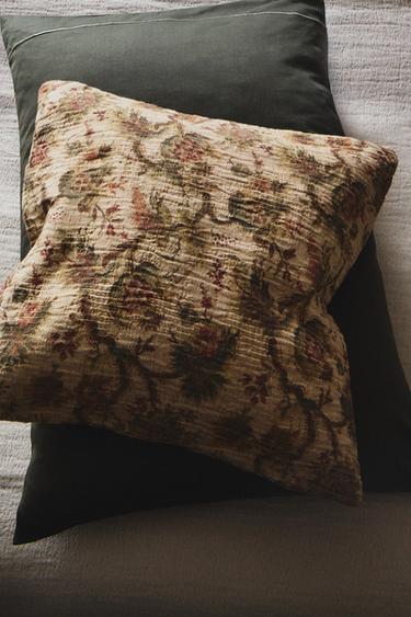 COTTON LINEN FLORAL THROW PILLOW COVER — Beige 1