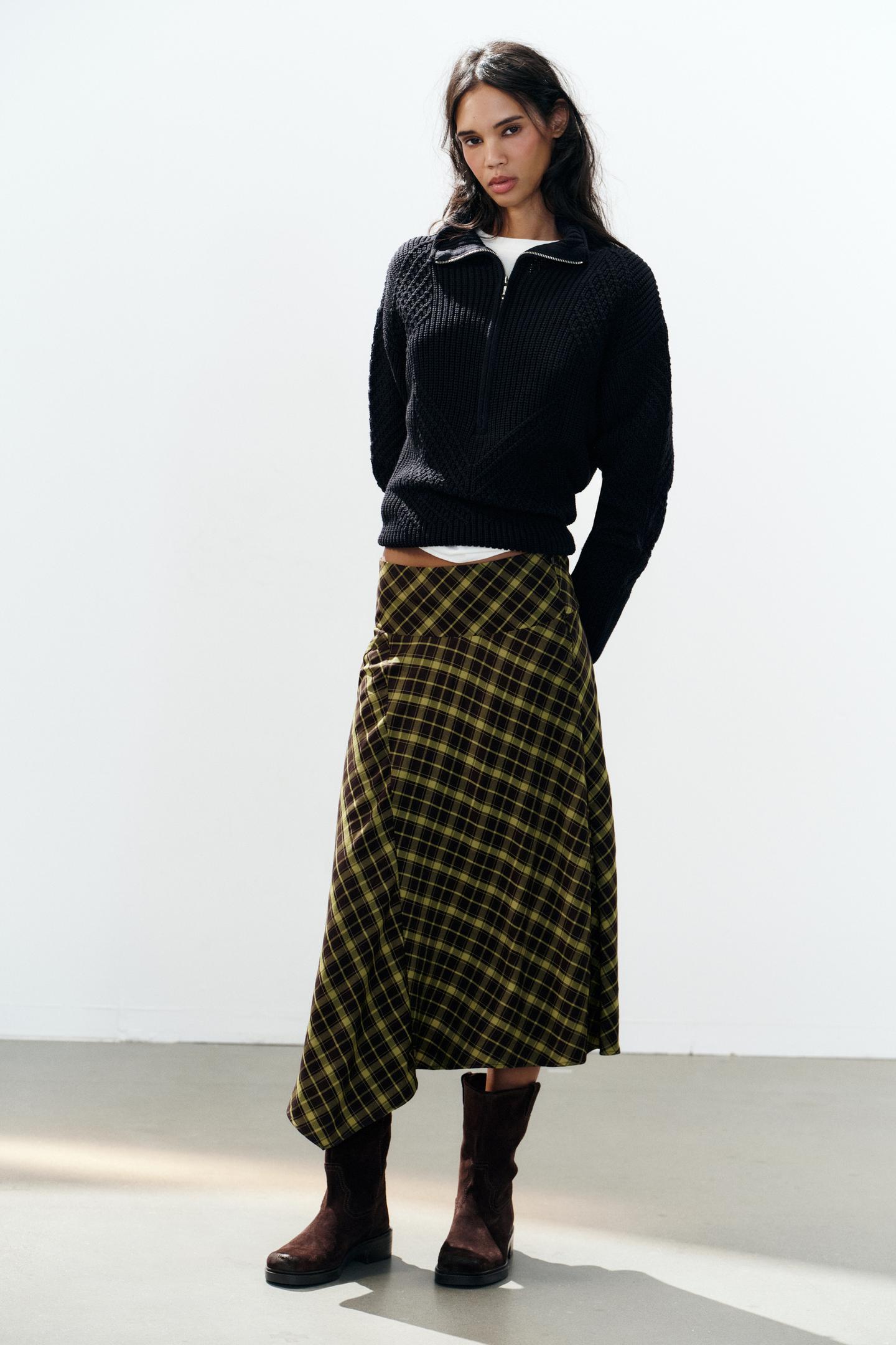 Женская юбка Zara Asymmetric Checked MIDI, цвет: Коричневый / Зелёный