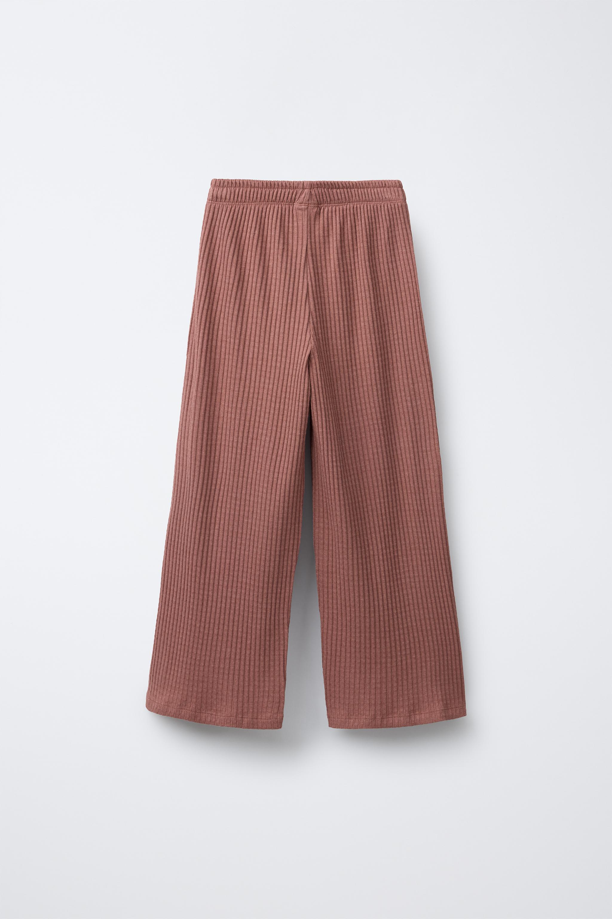 LACE TRIM RIBBED WIDE LEG T-SHIRT AND PANTS SET - Brick