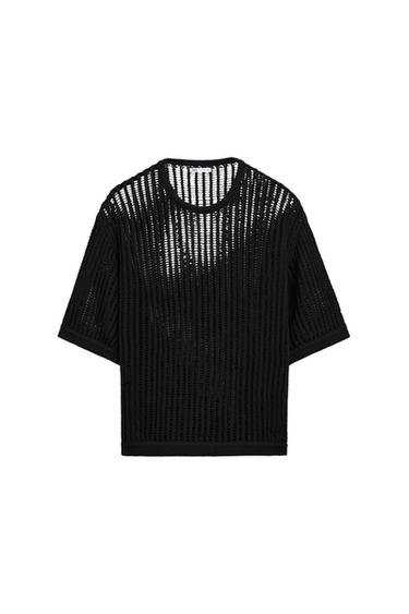 Front view of a black mesh T-shirt with short sleeves and a crew neck.