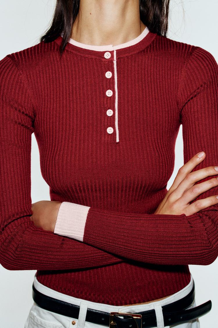 CONTRAST DOUBLE-LAYER T-SHIRT HENLEY