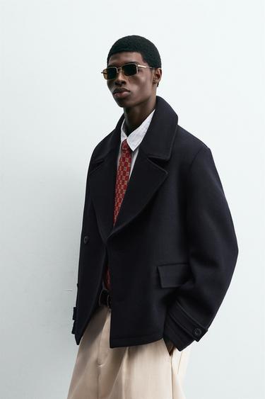 Zara WOOL BLEND SHORT COAT - Navy blue