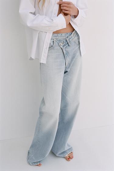 Zara TRF HIGH-WAIST WIDE LEG CROSSOVER JEANS - Light blue