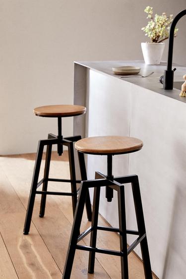 Zara WOOD AND METAL SWIVEL BAR STOOL - Black