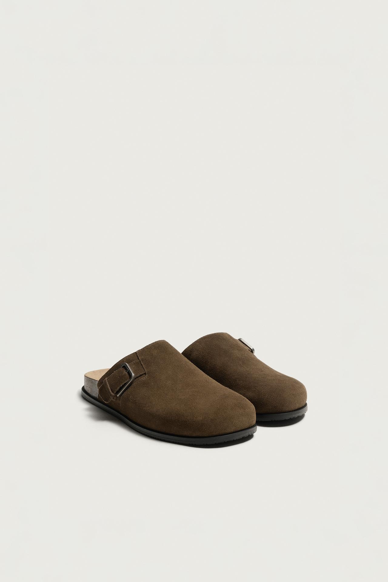 BUCKLED LEATHER CLOGS — Brown