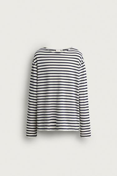 Zara STRIPED JACQUARD RELAXED T-SHIRT - Ecru / Navy