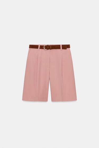 BERMUDA FLUIDA COM PINÇAS E CINTO - Rosa da Zara