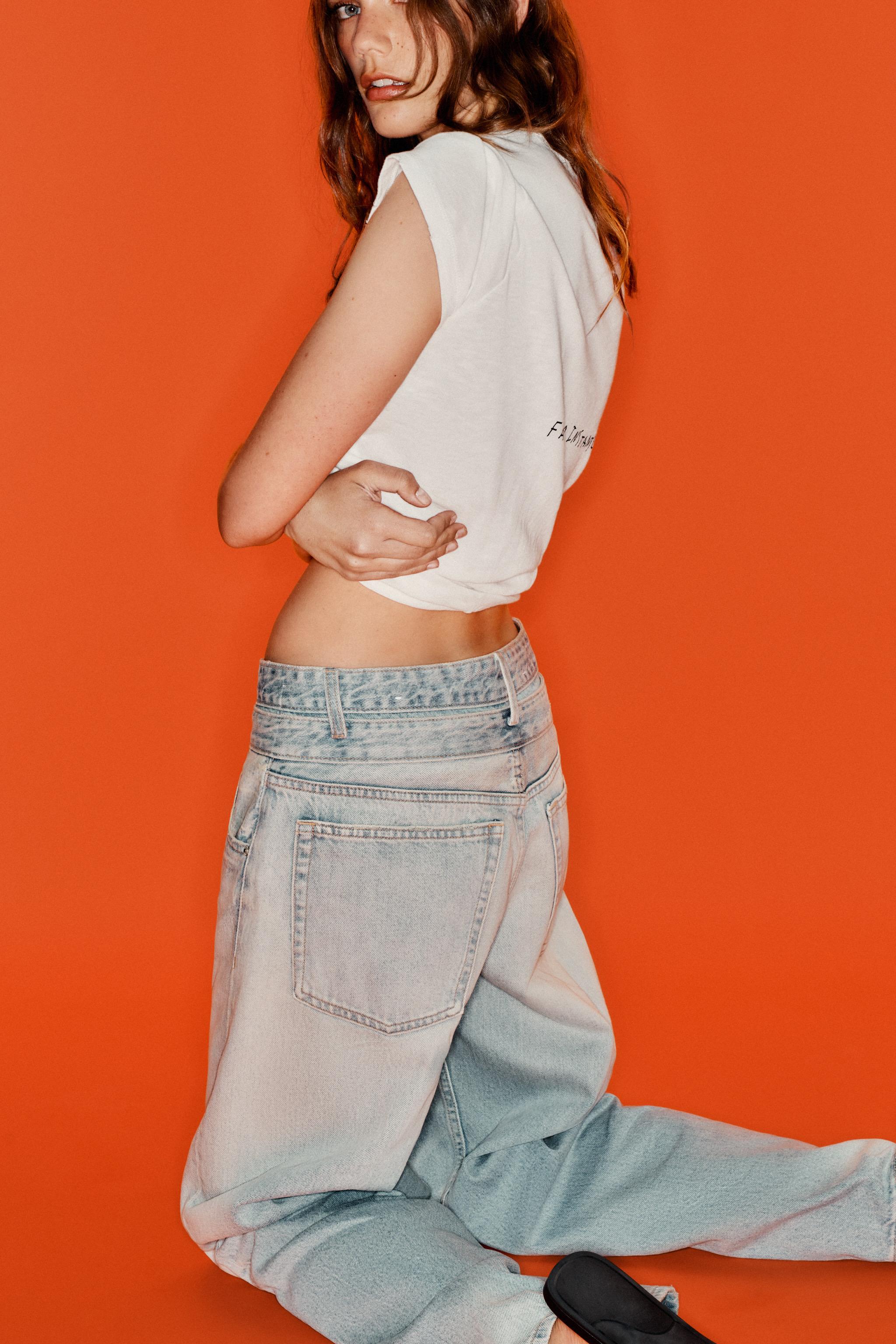 TRF STRAIGHT-LEG MID-RISE DOUBLE WAISTBAND JEANS — Light blue