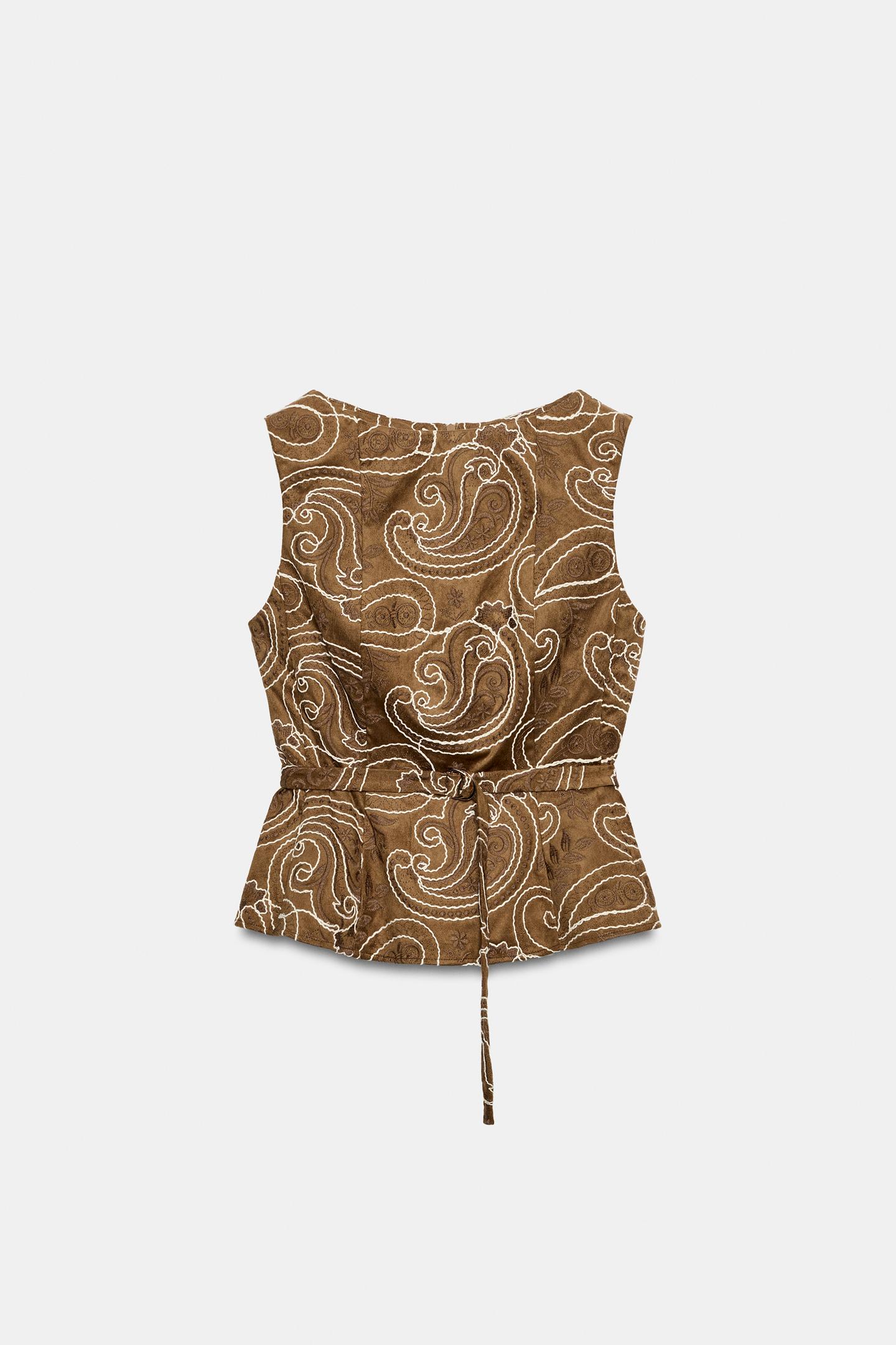 Женский топ Zara Embroidered Belted Top, цвет: Верблюжий — фото 6