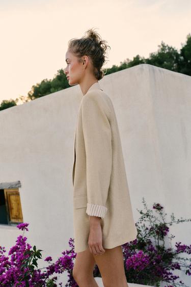 VESTE AVEC LIN À MANCHES RETROUSSÉES - Beige clair de Zara - Image 3