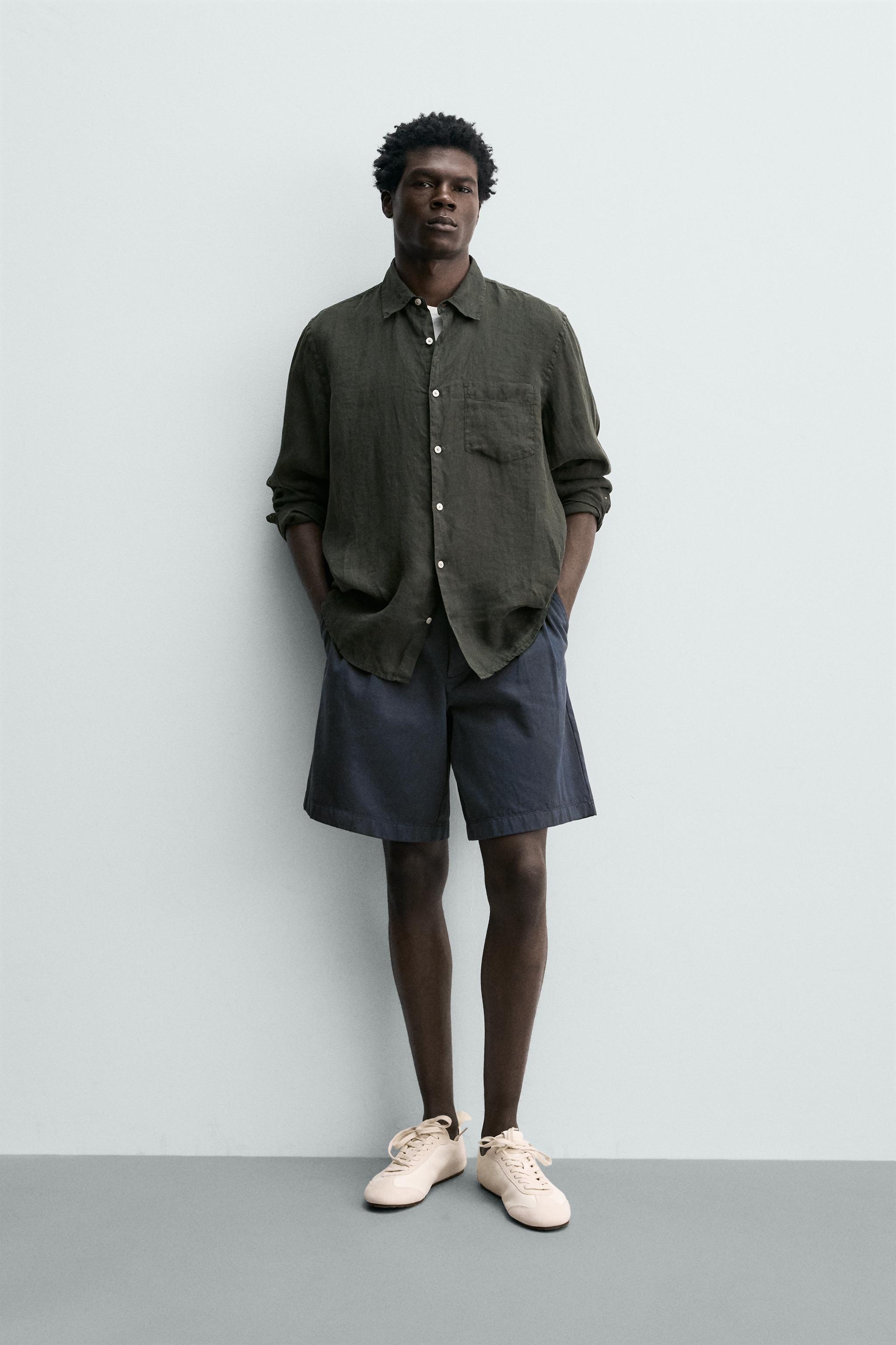 レギュラーフィットリネン100%シャツ - ダークグリーン | ZARA Japan