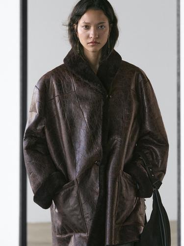 Zara Mouton leather coat with crackled finish - Brown