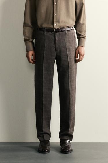 PANTALON DE COSTUME À CARREAUX LIN/LAINE - Marron de Zara
