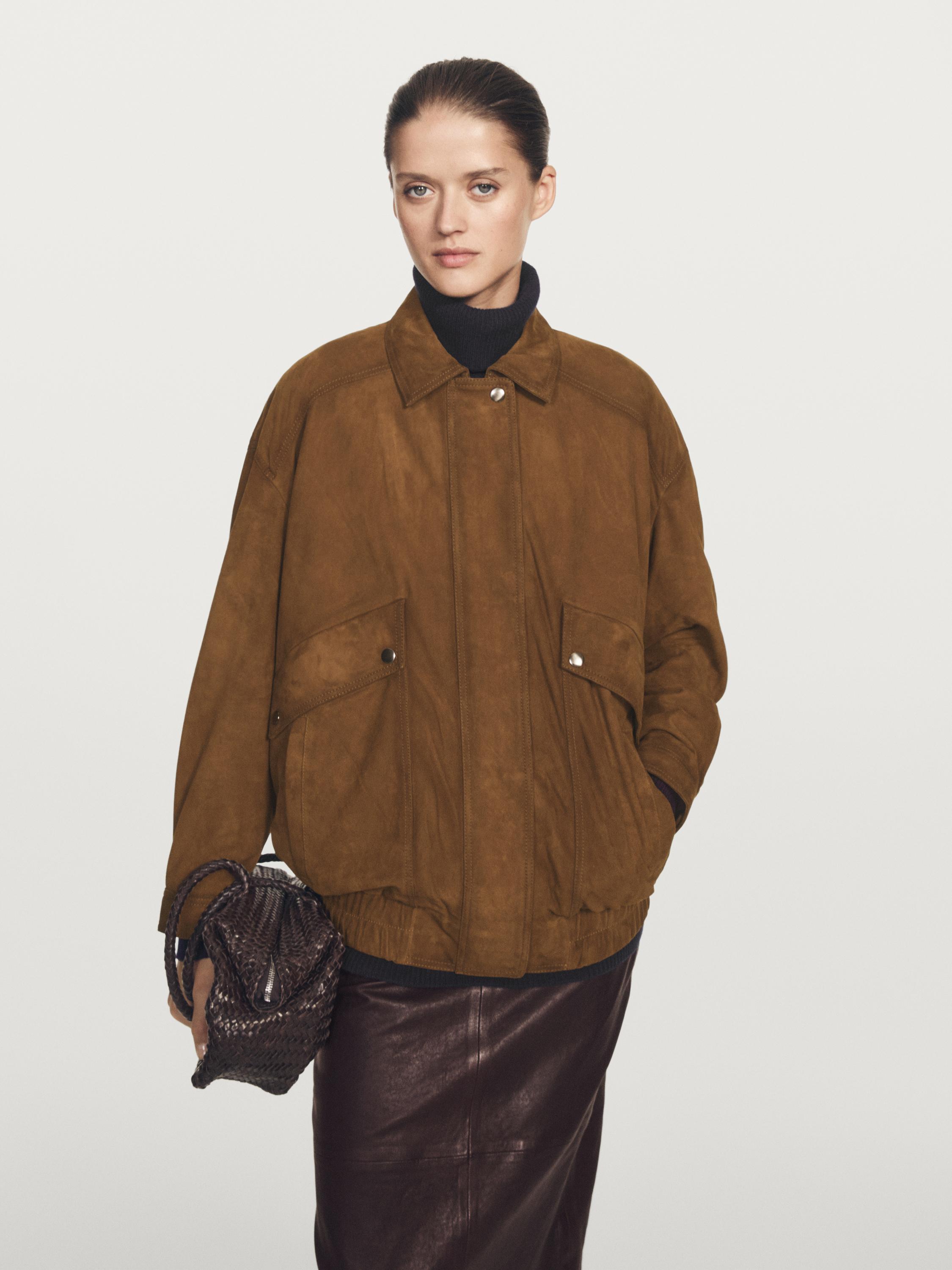 Suede leather bomber jacket with pockets