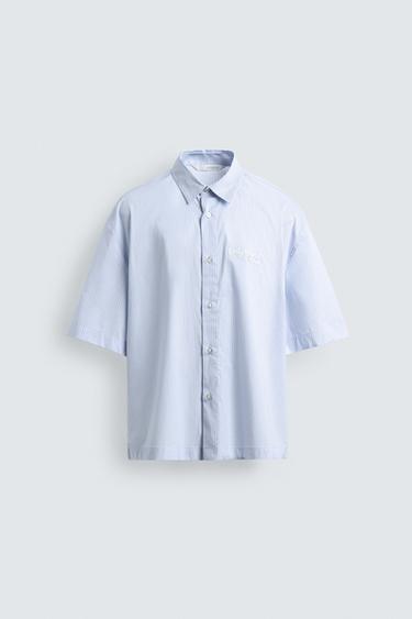 STRIBET SKJORTE MED KOMBINERET PRINT - himmelblå fra Zara