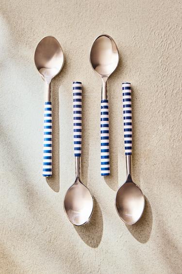 PACK OF DESSERT SPOONS WITH STRIPED HANDLES (PACK OF 4) - Blue/White by Zara - Image 5