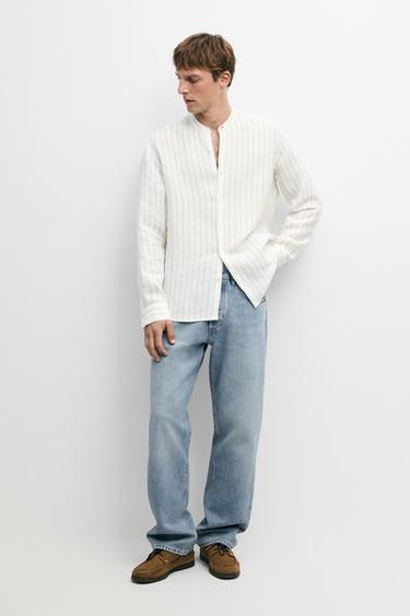 Zara 100% linen striped stand collar shirt - Sand - Image 0
