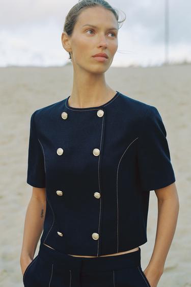 SHORT SLEEVE BLAZER WITH LINEN TOPSTITCHING - Navy blue by Zara