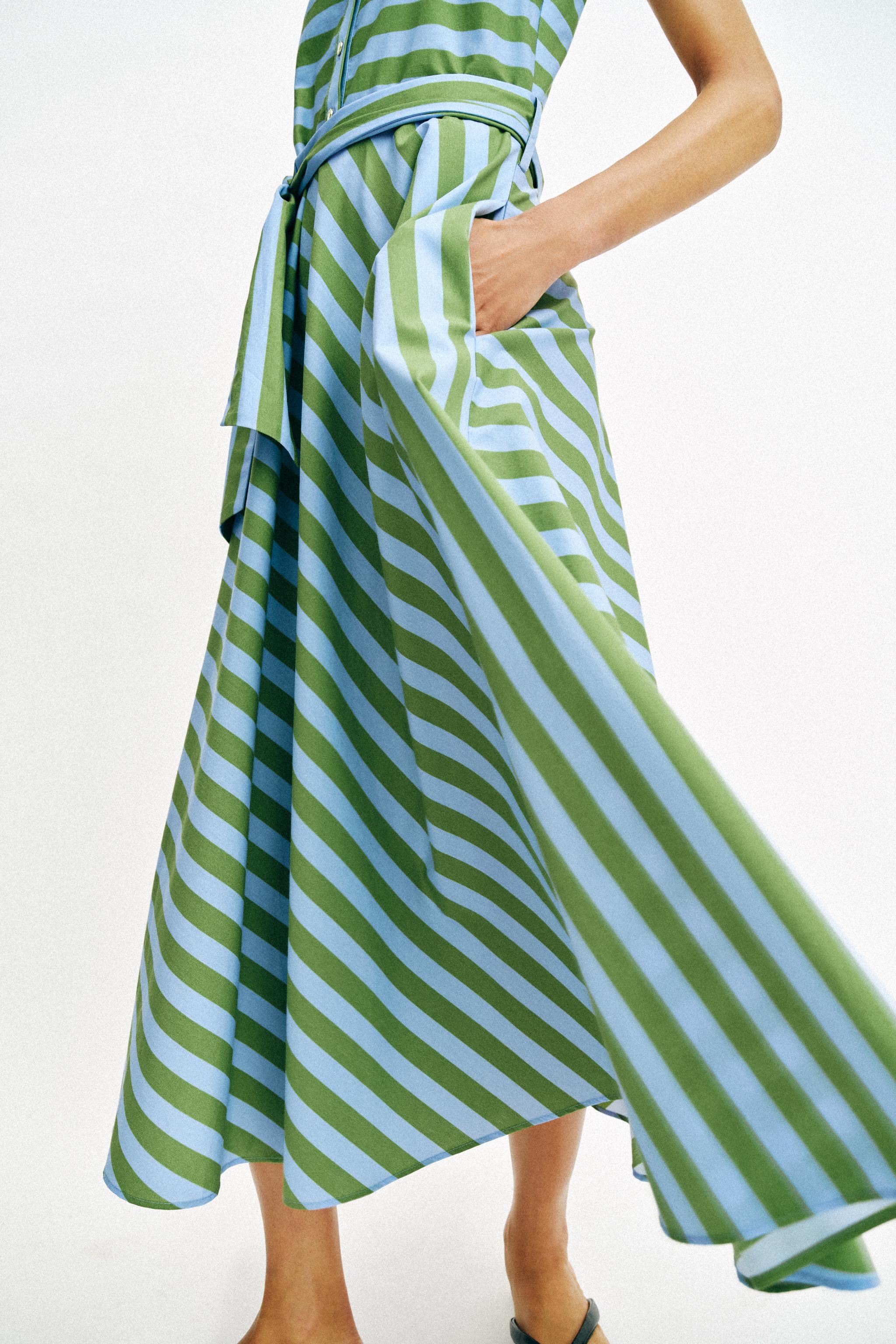 STRIPED BELTED MIDI DRESS