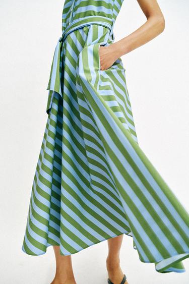 STRIPED MIDI DRESS WITH BELT - Green / Blue by Zara - Image 2