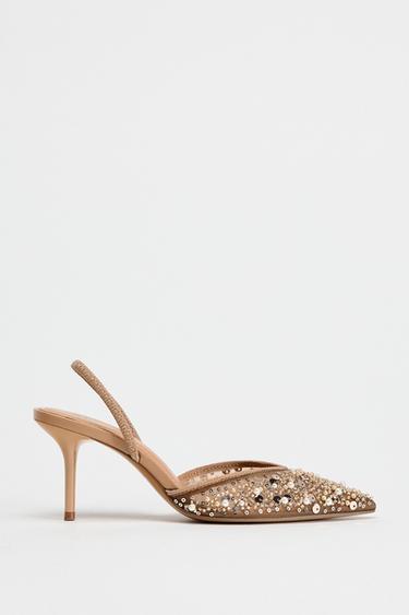 CHAUSSURES À TALONS OUVERTES À L'ARRIÈRE EN MESH AVEC FANTAISIE - Beige clair de Zara