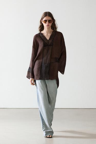Zara Flowing linen blend oversize blouse with lace trim - Brown marl - Image 0