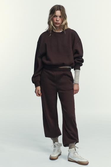 Zara BASIC STRAIGHT-LEG PLUSH PANTS WITH ADJUSTABLE CUFFS - Brown