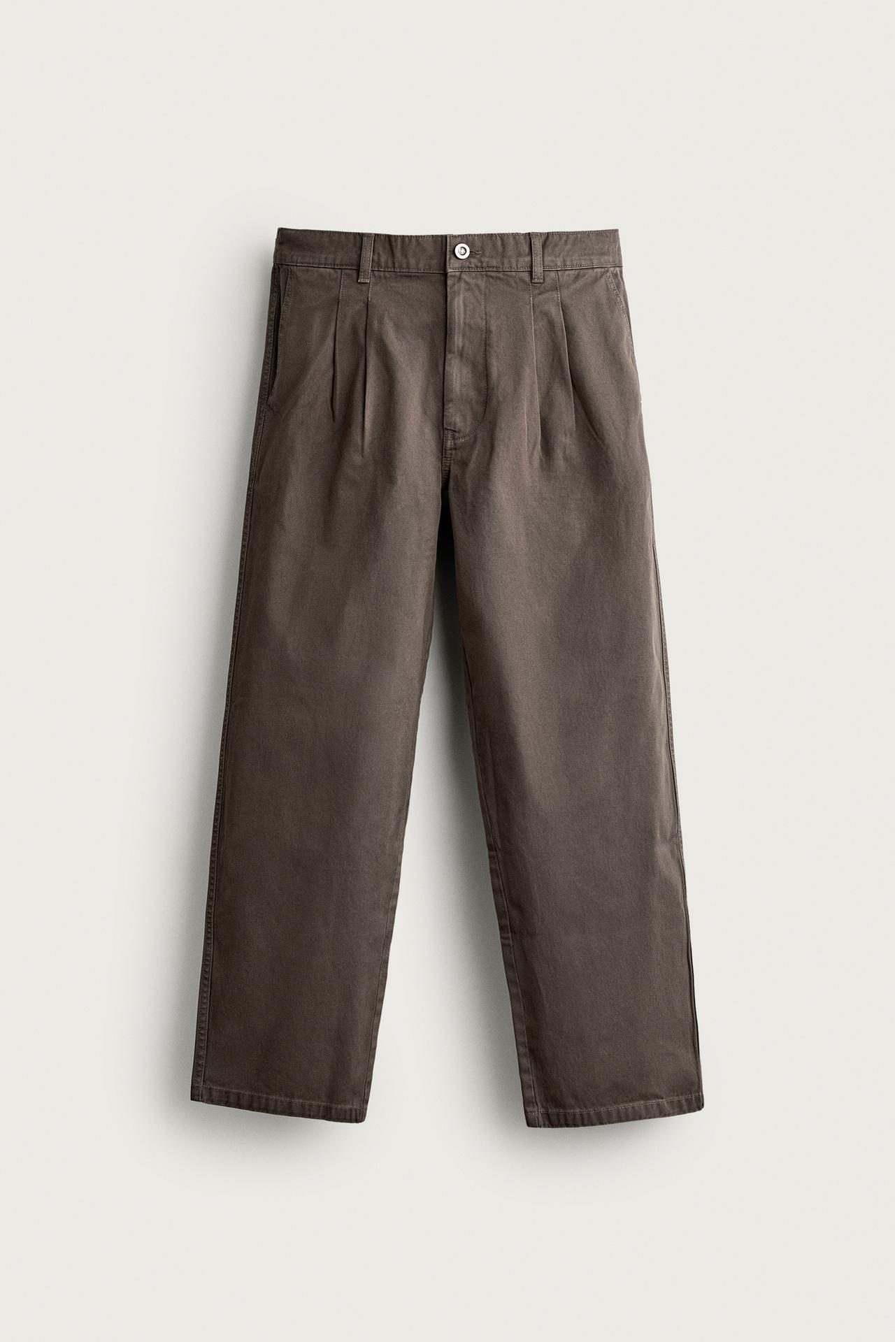 WASHED PLEATED RELAXED-FIT PANTS — Dark tan