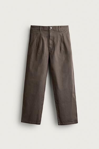 WASHED PLEATED RELAXED-FIT PANTS — Dark tan 1
