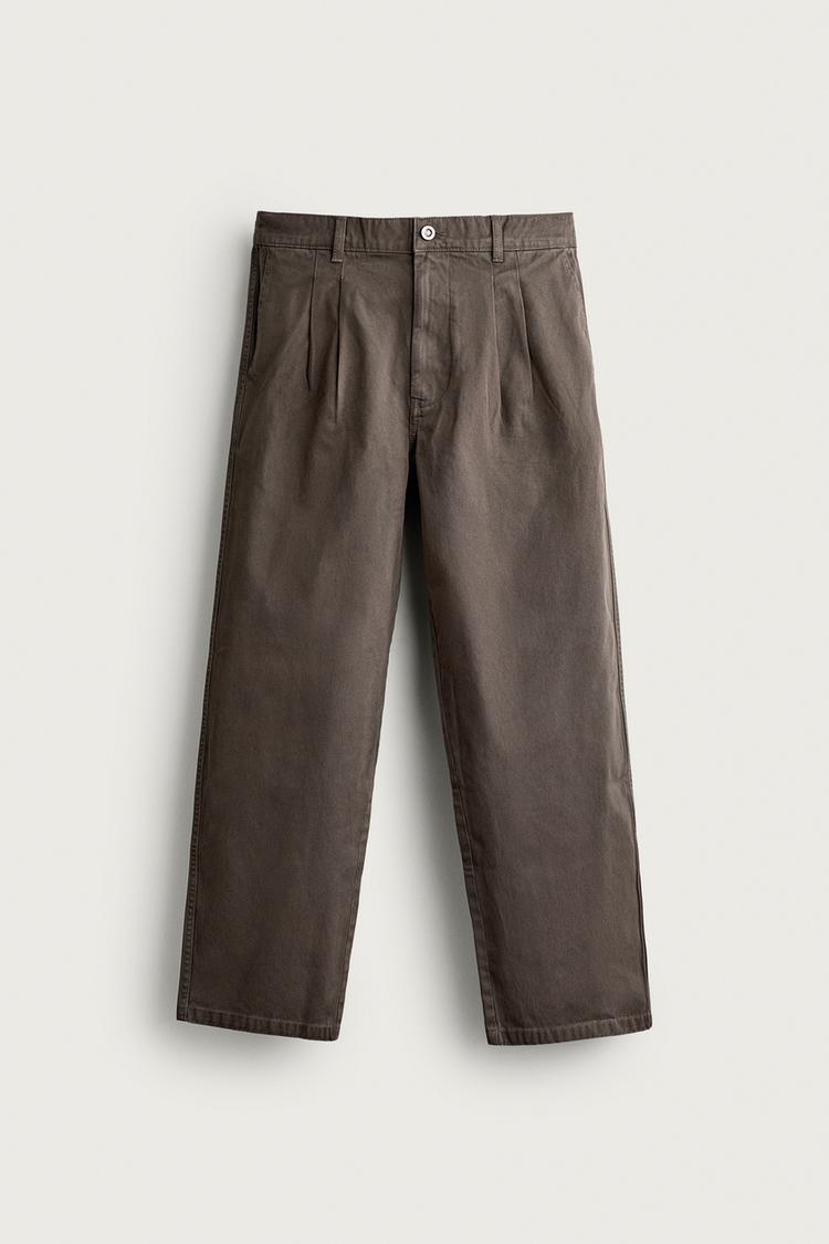 WASHED PLEATED RELAXED-FIT PANTS — Dark tan